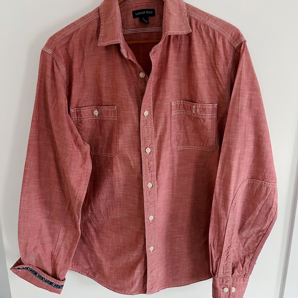 Mens Lands End tailored fit button up with sailing flag trim size large